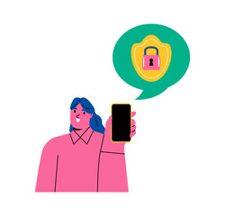 Business woman with smartphone with security measures. Flat vector illustration isolated on white background