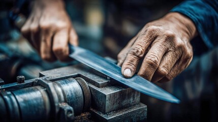 A craftsman meticulously sharpens a knife using a grinding machine in a workshop.