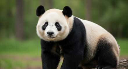 Fototapeta premium A panda bear sitting on a log in a forest looking at the camera with a gentle expression