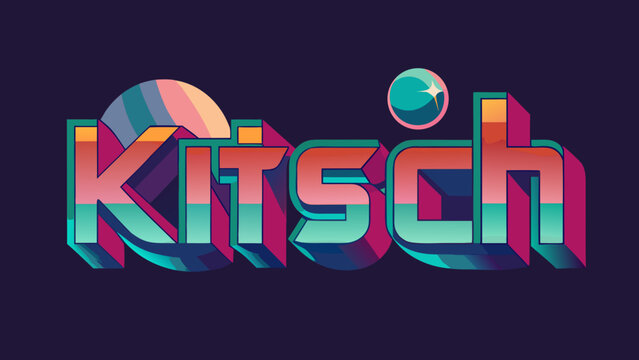 Gradient vector typography poster, word KITSCH in 3D bubble letters with chrome and neon gradient, disco ball reflections in background