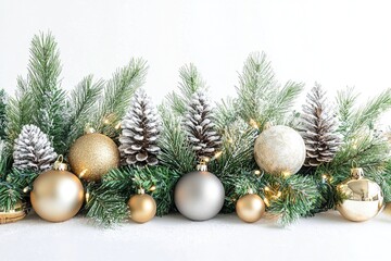 Elegant Christmas Decor: Gold, Silver, and White Festive Ornaments, Pine Cones, and Twinkling Lights