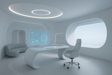 Modern office interior design featuring contemporary chairs and an empty conference table