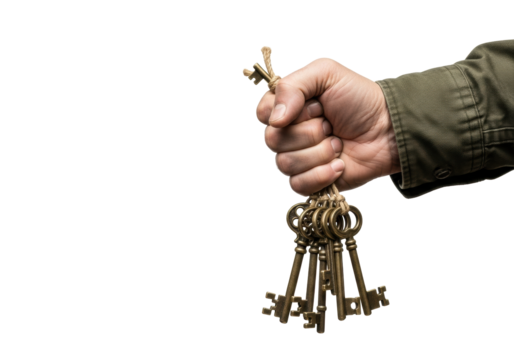 Weathered hand, olive green cuff, clutching intricate tarnished brass skeleton keys on hemp cord, transparent background with copy space, concept of ancient secrets and forgotten lore