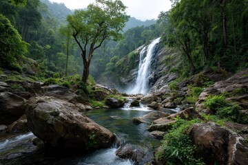 Fototapeta premium Khlong Lan waterfall cascades dramatically among lush greenery in Thailand, inviting visitors for a refreshing escape into nature's beauty