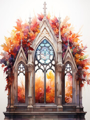 Gothic window with stained glass and autumn leaves