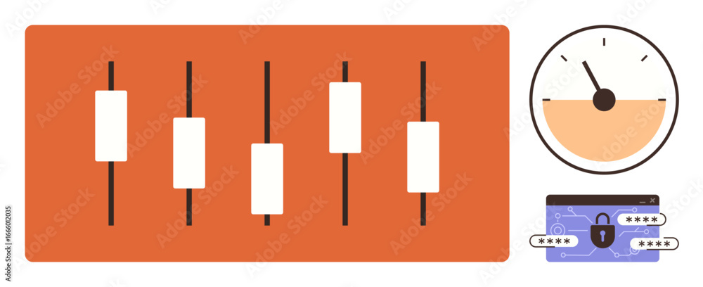 Poster candlestick trading charts with a gauge indicator, plus a digital wallet symbol for security. ideal 