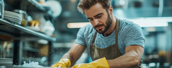 Illustrate a man in his 30s, wearing an apron and rubber gloves, washing dishes in a close-up shot, with a focus on the act of cleaning, Generative AI