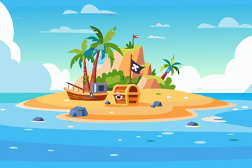 A cartoon illustration of a tropical island with a pirate ship and treasure © PUNNABEGUM