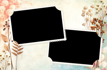 Vintage album page with retro photo frame. Retro background with old blank photo, dry pressed leaves and flowers on paper texture. Nostalgic scrapbooking style. Mock up template. Copy space for text