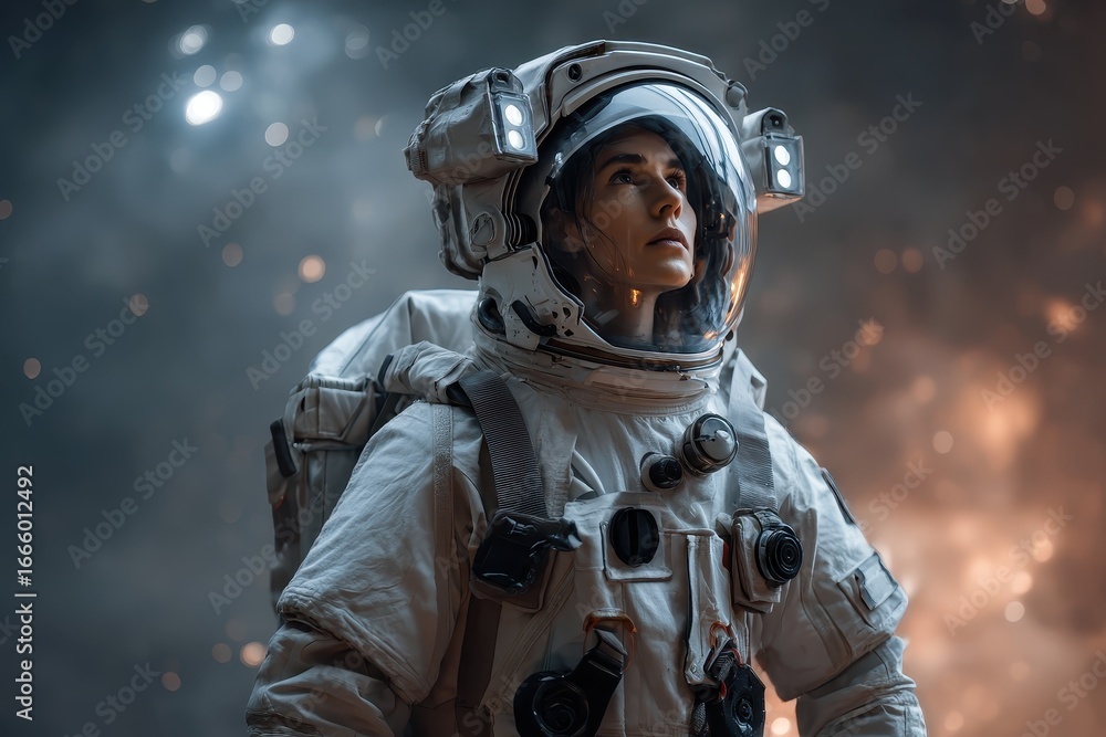 Poster astronaut explores the mysteries of space in a striking white spacesuit under a backdrop of stars an