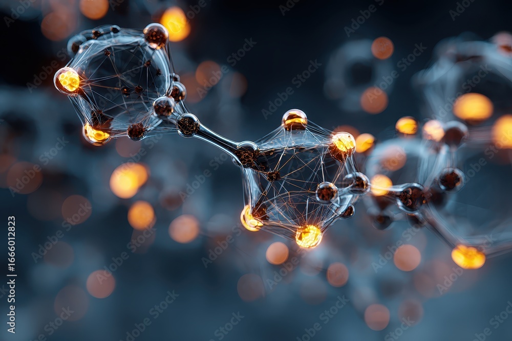 Poster artistic depiction of nanotechnology showcasing luminous molecular structures illuminated by a glowi