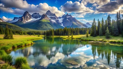 Obraz premium Majestic mountain range reflected in a calm alpine lake under a dramatic cloudy sky