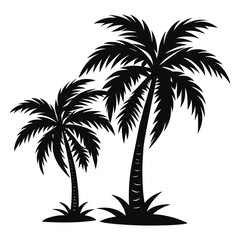 Obraz premium Vector art of two black palm trees silhouette with grass