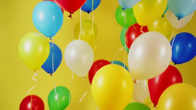 A Colorful Celebration: A Lively Collection of Balloons Floating Against a Bright Yellow Backdrop, Perfect for Any Festive Occasion