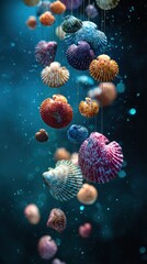 Obraz premium Colorful seashell mobile hangs in teal-lit space with ethereal bokeh highlights