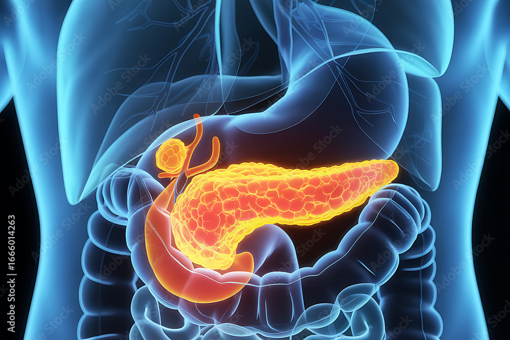 Poster 3d scientific rendering of the human pancreas showing anatomical structure digestive system and abdo