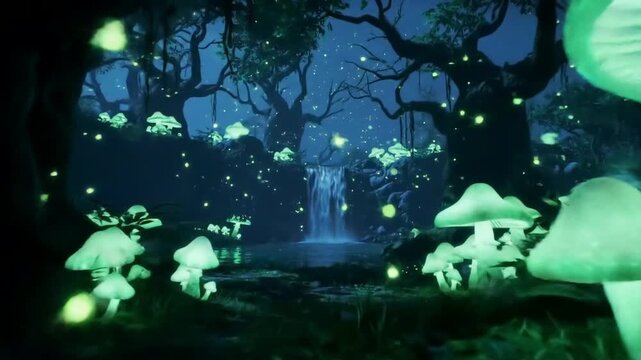 fantasy forest illuminated by glowing mushrooms and floating fireflies.