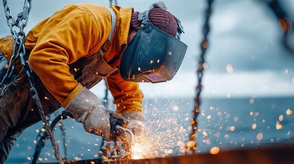 A skilled welder at work, creating sparks with metal in an industrial setting.