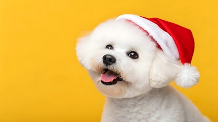 Joyful Bichon Frise in Santa Hat Against Yellow Background