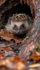 Fototapeta premium Adorable hedgehog curled up snugly in a vibrant pile of fallen autumn leaves, nature s cozy blanket