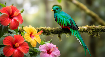Obraz premium Majestic Quetzal Bird Perched Among Vibrant Hibiscus Flowers in a Lush Rainforest Setting Revealing Nature's Beauty and Rich Biodiversity Offering a Glimpse into Tropical Splendor