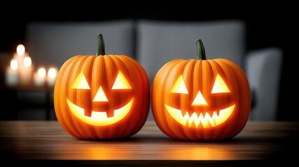 Two Halloween pumpkins with carved faces brightly glow on dark wooden surface.
