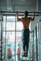 Fototapeta premium Man Doing Pull-ups in Gym Fictional Character Created By Generative AI