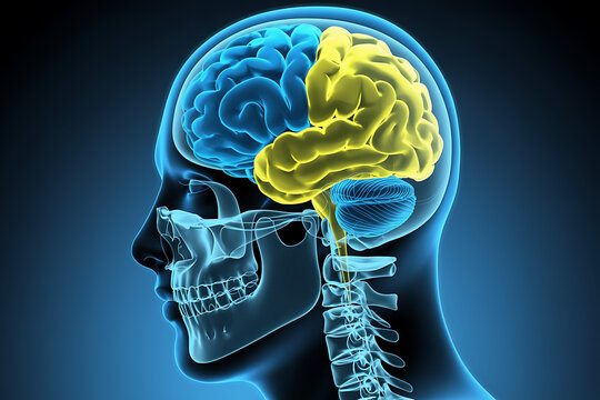 3d side angle rendering of the human brain highlighting parietal lobe and neural structures with skull spine and cerebellum showing detailed anatomy for neurology neuroscience and education