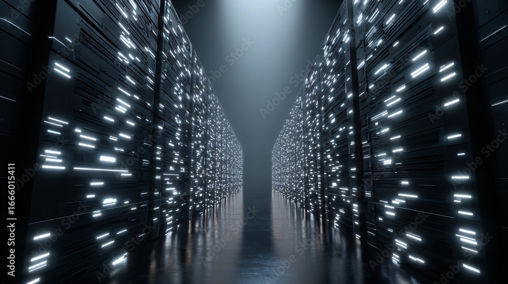 Poster a futuristic data center filled with glowing servers, ai algorithms visualized as holographic charts