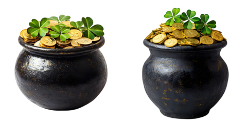 Black pot filled with gold coins and shamrock leaves, on a green isolated on a transparent background