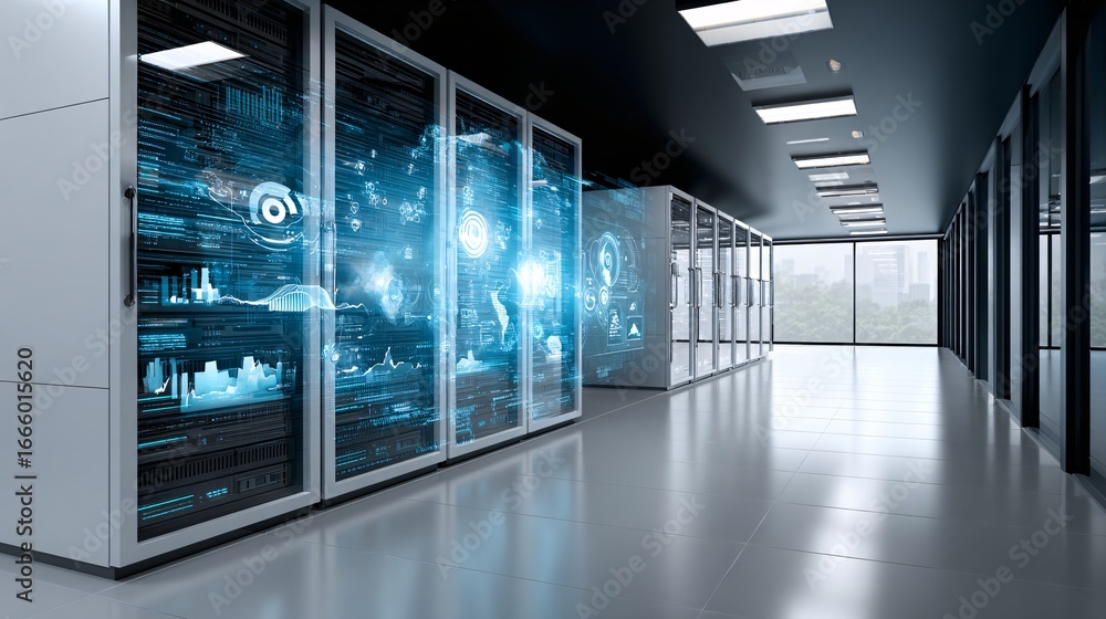 Aufkleber a futuristic data center filled with glowing servers, ai algorithms visualized as holographic charts