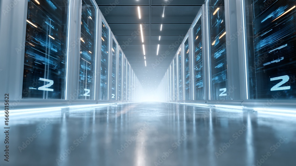 Aufkleber a futuristic data center filled with glowing servers, ai algorithms visualized as holographic charts