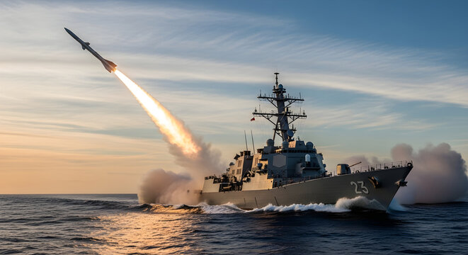 A guided missile launches from a navy warship on the open sea, demonstrating advanced military technology and defense capabilities during a training exercise