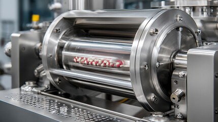 Fototapeta premium Large pharmaceutical machine coating tablets with protective film.