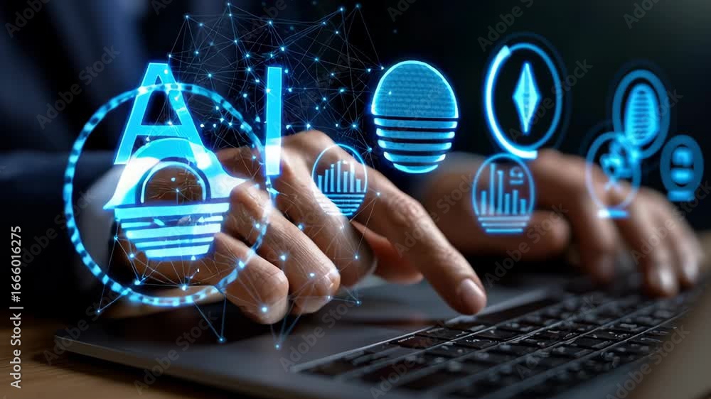 Aufkleber ai technology and digital innovation hands typing on laptop showcasing futuristic interface and conn