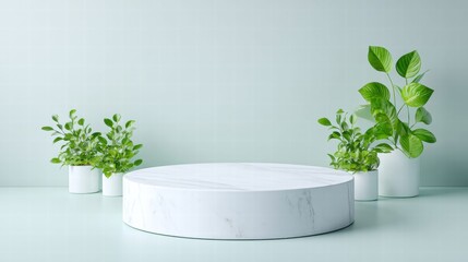 A clean, marble pedestal is framed with lush greenery, ready for your product.