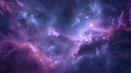 Vibrant galaxy scene with colorful nebula clouds purple, blue, and pink hues, filled with stars and cosmic dust, creating