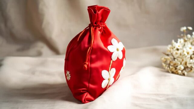 Red drawstring bag with white flowers