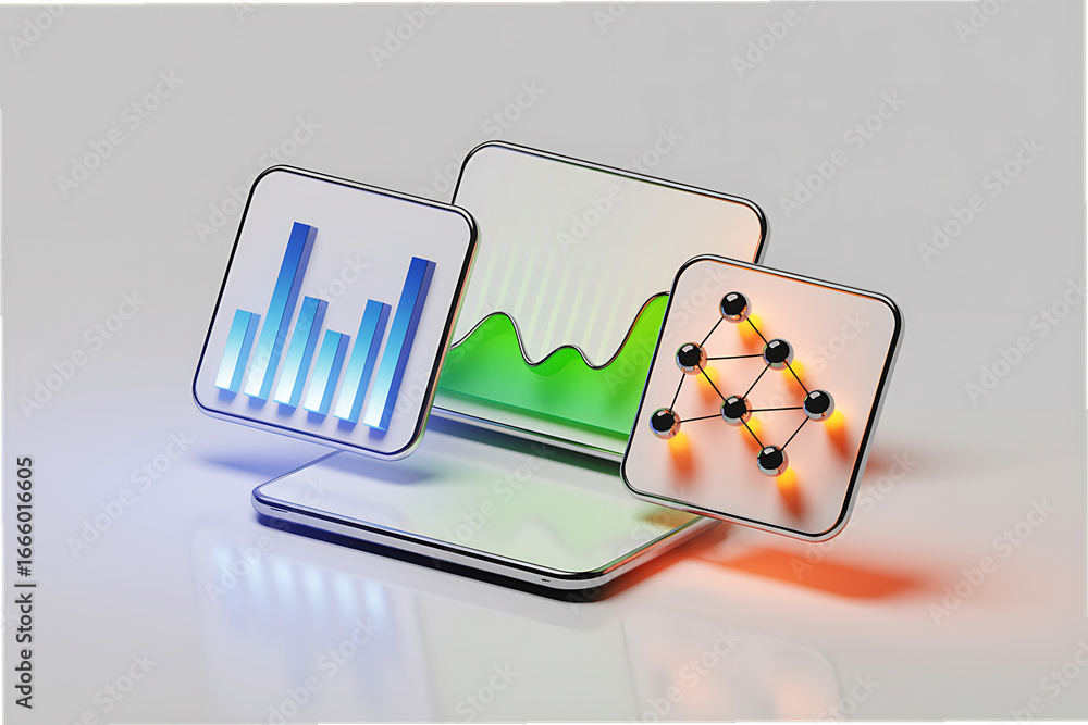 Poster modern data visualization on smart devices, showcasing business analytics and network structures