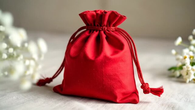 Red drawstring pouch on a light-colored surface
