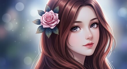 Naklejka premium Beautiful Young Woman with Rose in Hair.