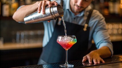 Close-up of bartender pouring colorful cocktail — showcasing mixology expertise and style