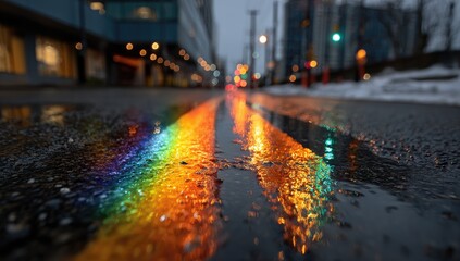 A rainbow reflection on wet asphalt in a city street at dusk
