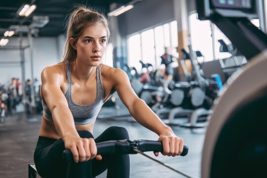 Woman Exercising on Rowing Machine Fictional Character Created By Generative AI