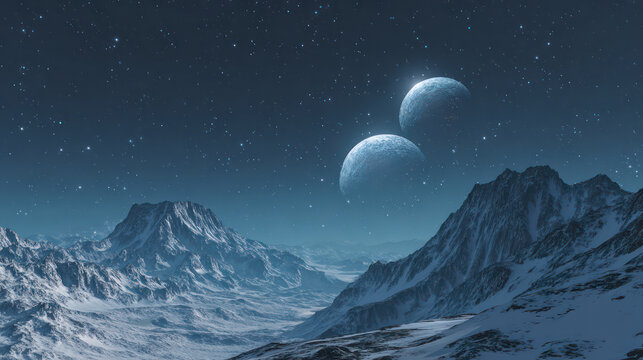 Photorealistic alien landscape with twin moons over snow covered mountain range starry night sky, creating surreal