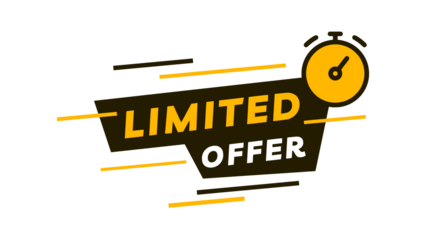 Dynamic black and yellow Limited Offer label with a stopwatch icon, representing a time-sensitive promotion or final sale announcement for marketing