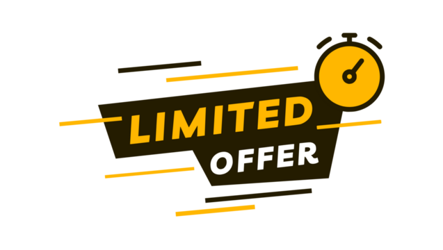 Dynamic black and yellow Limited Offer label with a stopwatch icon, representing a time-sensitive promotion or final sale announcement for marketing