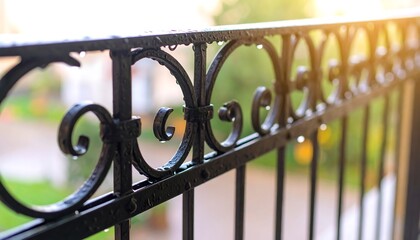 Ornate black metal railing with raindrops, blurred garden background