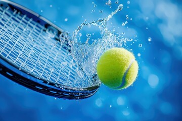 Tennis ball striking a racket with water splashing around on a blue background. Concept of energy management and sustainable motivation. Sensitive content for sport ad
