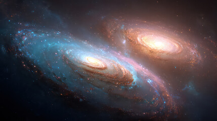 Photorealistic scene of two colliding galaxies with vibrant colors and cosmic dust, creating stunning celestial display